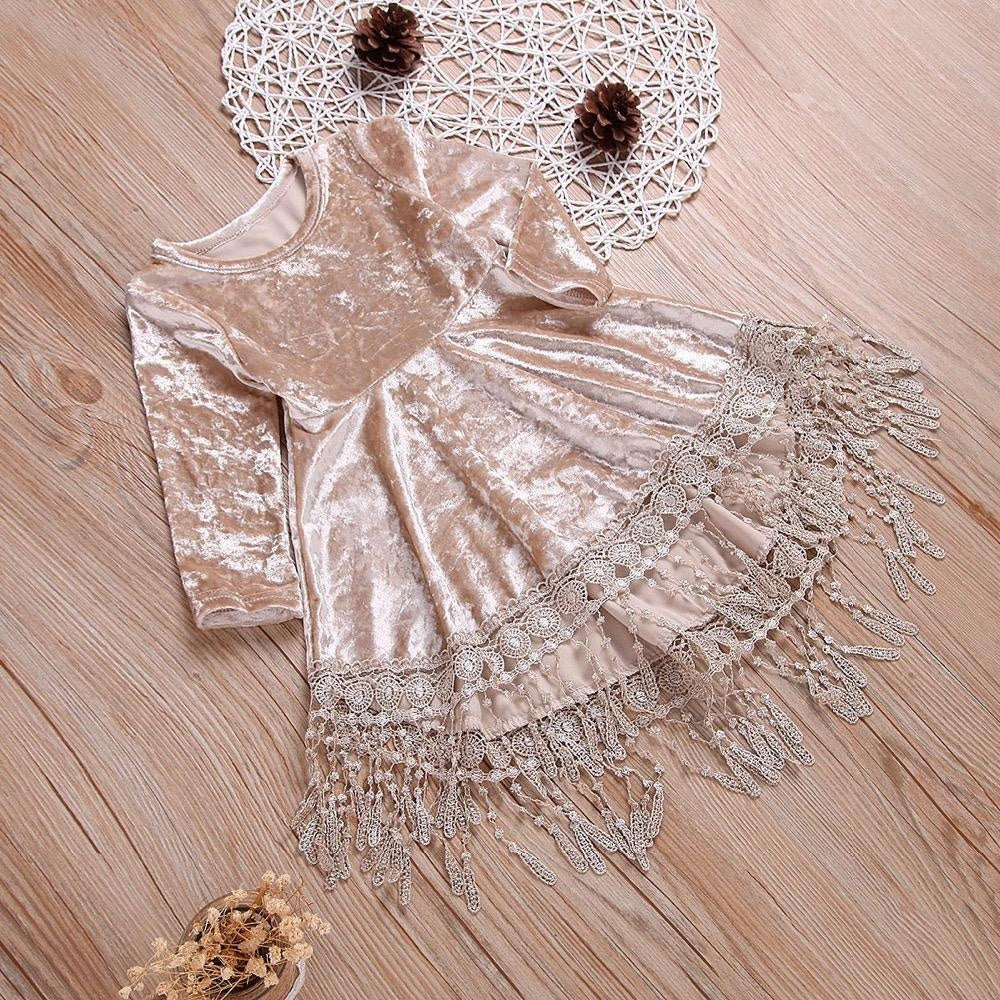 Kids Girl Gold Velvet Long Sleeve Tassel Sweet Princess Dresses - MomyMall