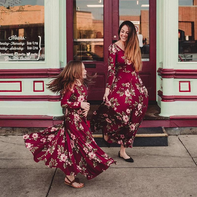 Family Mommy & Me Red Fall Floral Long Sleeve Maxi Dress - MomyMall