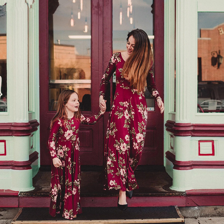 Family Mommy & Me Red Fall Floral Long Sleeve Maxi Dress - MomyMall Red / Daughter 12-18M