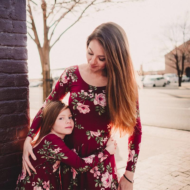 Family Mommy & Me Red Fall Floral Long Sleeve Maxi Dress - MomyMall