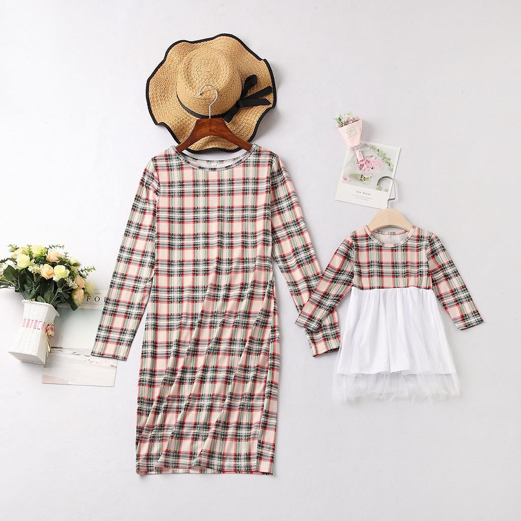 Plaid Mother Daughter Matching Autumn Dresses Parent-child Christmas Dresses - MomyMall