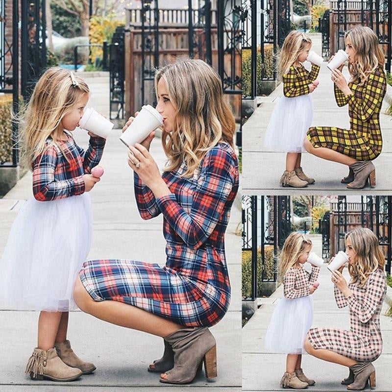 Plaid Mother Daughter Matching Autumn Dresses Parent-child Christmas Dresses - MomyMall