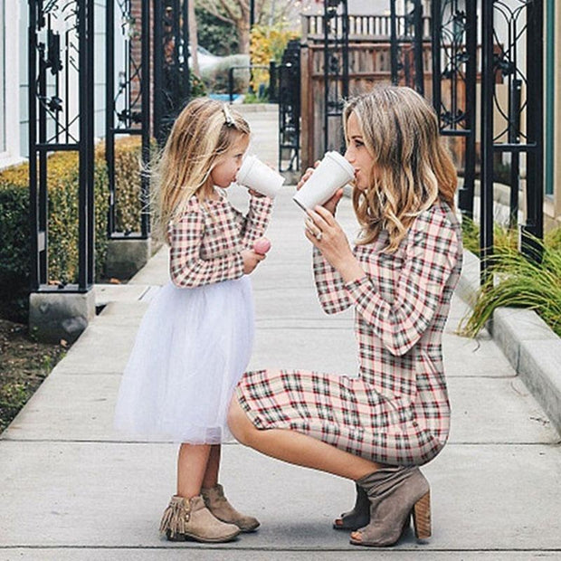 Plaid Mother Daughter Matching Autumn Dresses Parent-child Christmas Dresses - MomyMall Beige / Mother:S