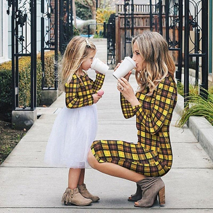 Plaid Mother Daughter Matching Autumn Dresses Parent-child Christmas Dresses - MomyMall Yellow / Mother:S