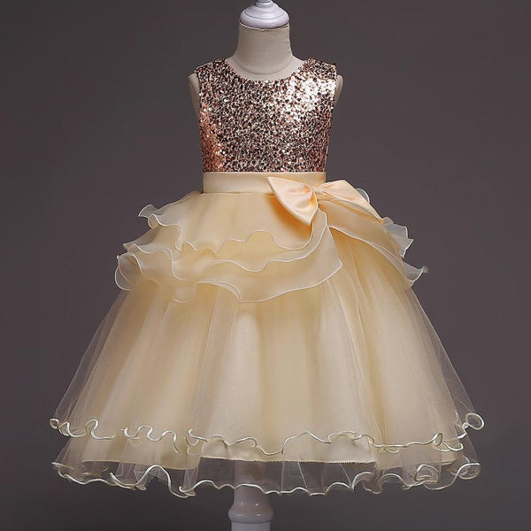 Girls Bridesmaid Flower Party Sequin Wedding Princess Dresses - MomyMall Gold / 3T