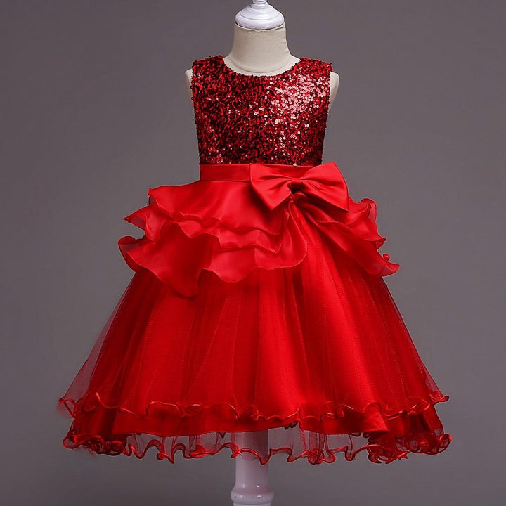 Girls Bridesmaid Flower Party Sequin Wedding Princess Dresses - MomyMall Red / 3T