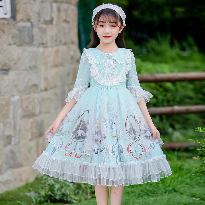 Kids Lolita Dress Sweet Lace Princess Dress 2 Colors 3-14 Years - MomyMall Cyan / 3-4 Years