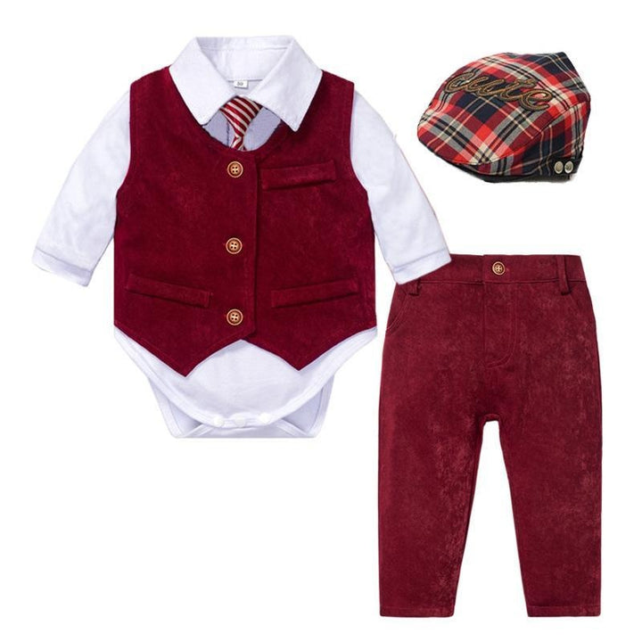Baby Boys Suits Vest Hat Formal Outfit Party Formal Set 3 Pcs - MomyMall Red2 / 3-6 Months