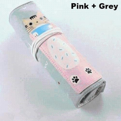 Cute Cat Roll Up Pencil Case - MomyMall Pink + Grey