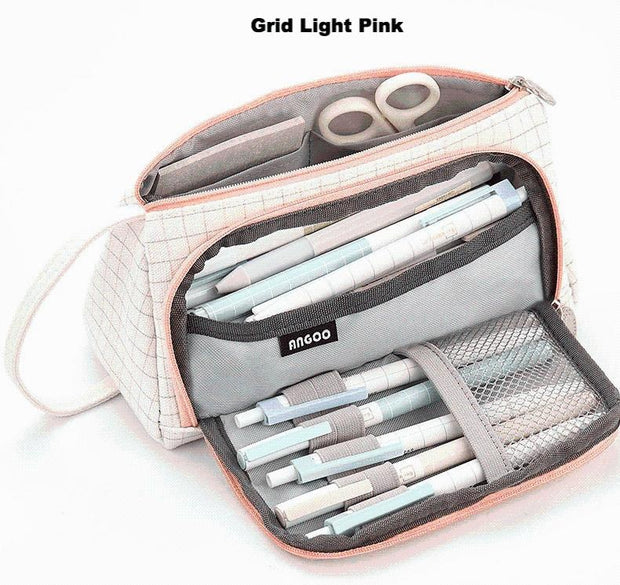 Pouched Stationery Organiser Pencil Case - MomyMall Grid Light Pink