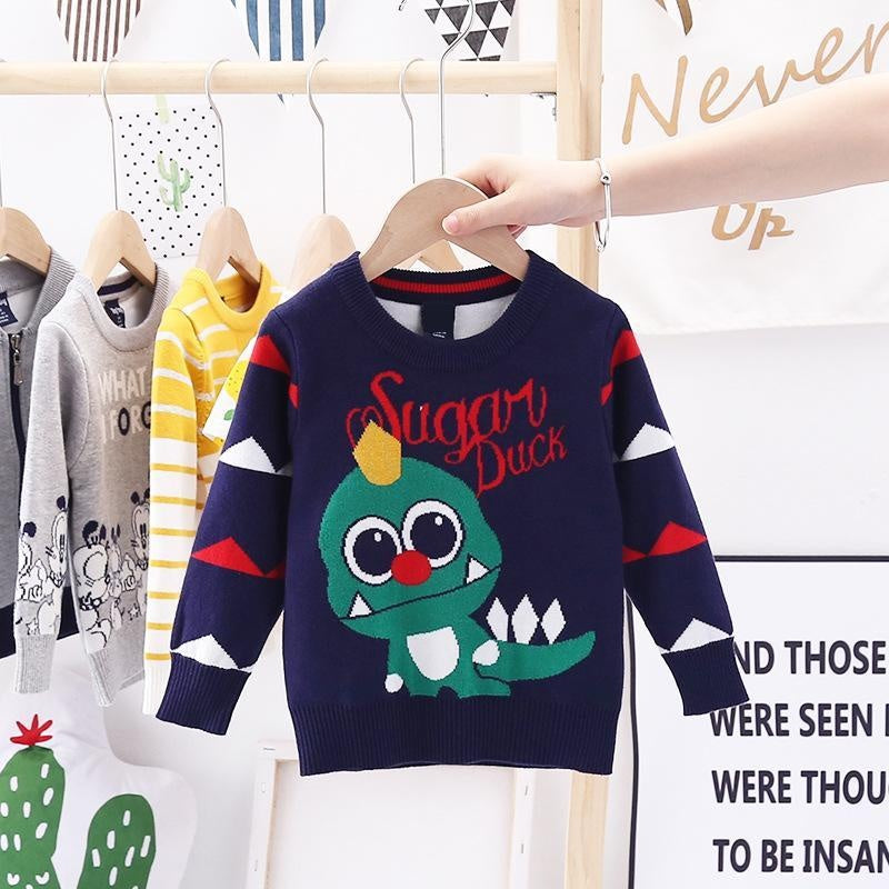 Toddler Kid Boy Sweater Dinosaur Winter Warm Pullover Dinosaur Knitted - MomyMall dark blue / 90cm:1-2years