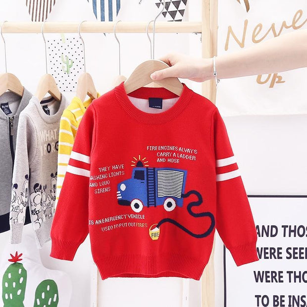 Kids Boys Cartoon Fire Truck Jacquard Sweater Pullover - MomyMall Red / 100cm:2-3years