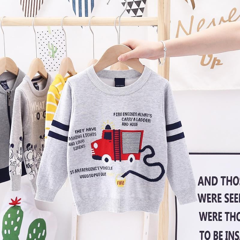 Kids Boys Cartoon Fire Truck Jacquard Sweater Pullover - MomyMall Grey / 100cm:2-3years