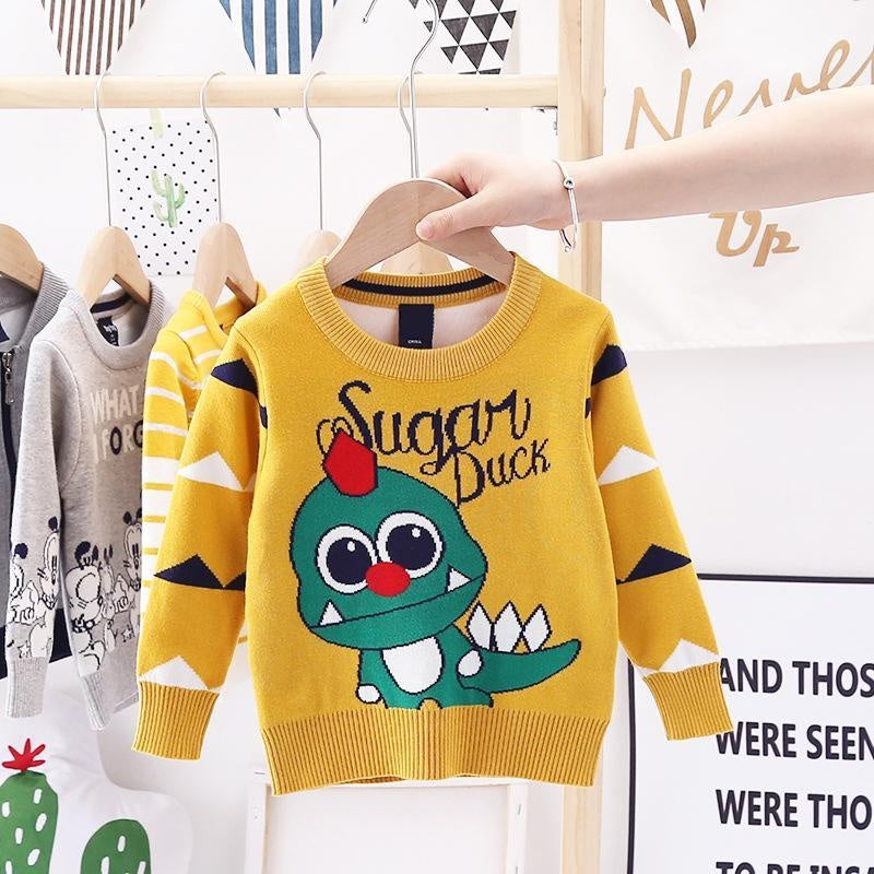 Toddler Kid Boy Sweater Dinosaur Winter Warm Pullover Dinosaur Knitted - MomyMall yellow / 90cm:1-2years