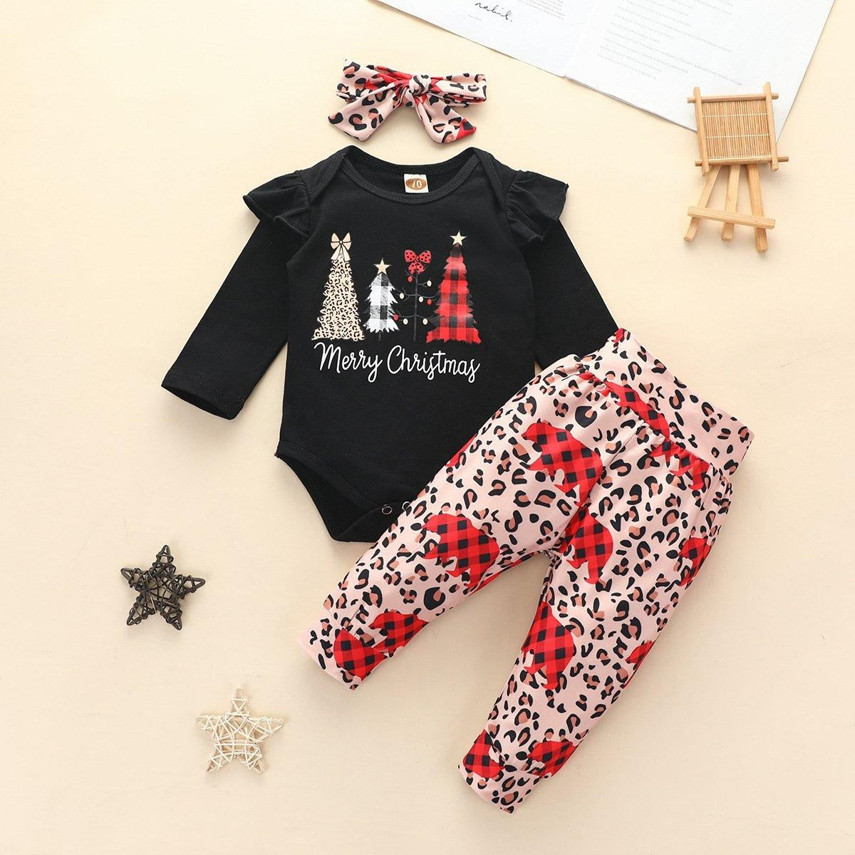 Baby Girl Christmas Long-sleeved Suit Ins Wind Tree Bear Suits 3 Pcs - MomyMall