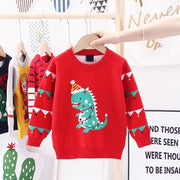Kids Boys New Christmas Dinosaur Jacquard Double Cotton Cut Sweaters - MomyMall red / 100cm:2-3years