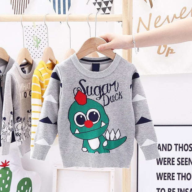 Toddler Kid Boy Sweater Dinosaur Winter Warm Pullover Dinosaur Knitted - MomyMall Grey / 90cm:1-2years