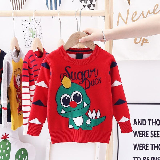 Toddler Kid Boy Sweater Dinosaur Winter Warm Pullover Dinosaur Knitted - MomyMall Red / 90cm:1-2years