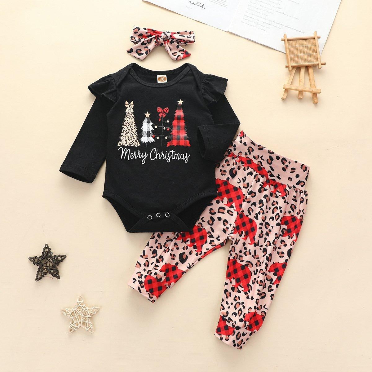 Baby Girl Christmas Long-sleeved Suit Ins Wind Tree Bear Suits 3 Pcs - MomyMall