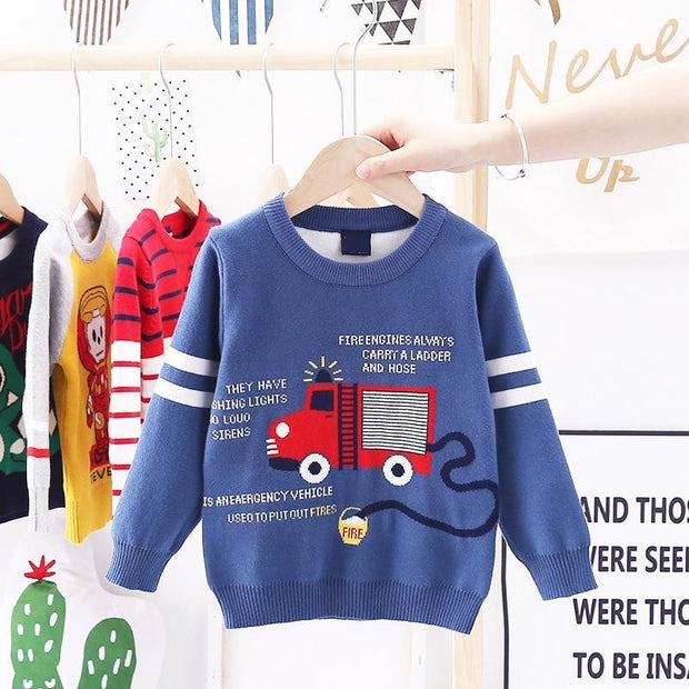 Kids Boys Cartoon Fire Truck Jacquard Sweater Pullover - MomyMall Blue / 100cm:2-3years