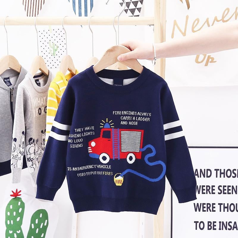 Kids Boys Cartoon Fire Truck Jacquard Sweater Pullover - MomyMall Navy / 100cm:2-3years