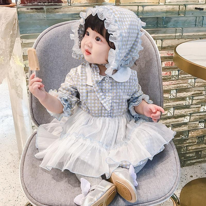 Kids Dress Lolita Little Flower Doll Collar Skirt Sweet Mesh Princess Dress With Hats 2 Pcs - MomyMall Blue / 3-6 Months