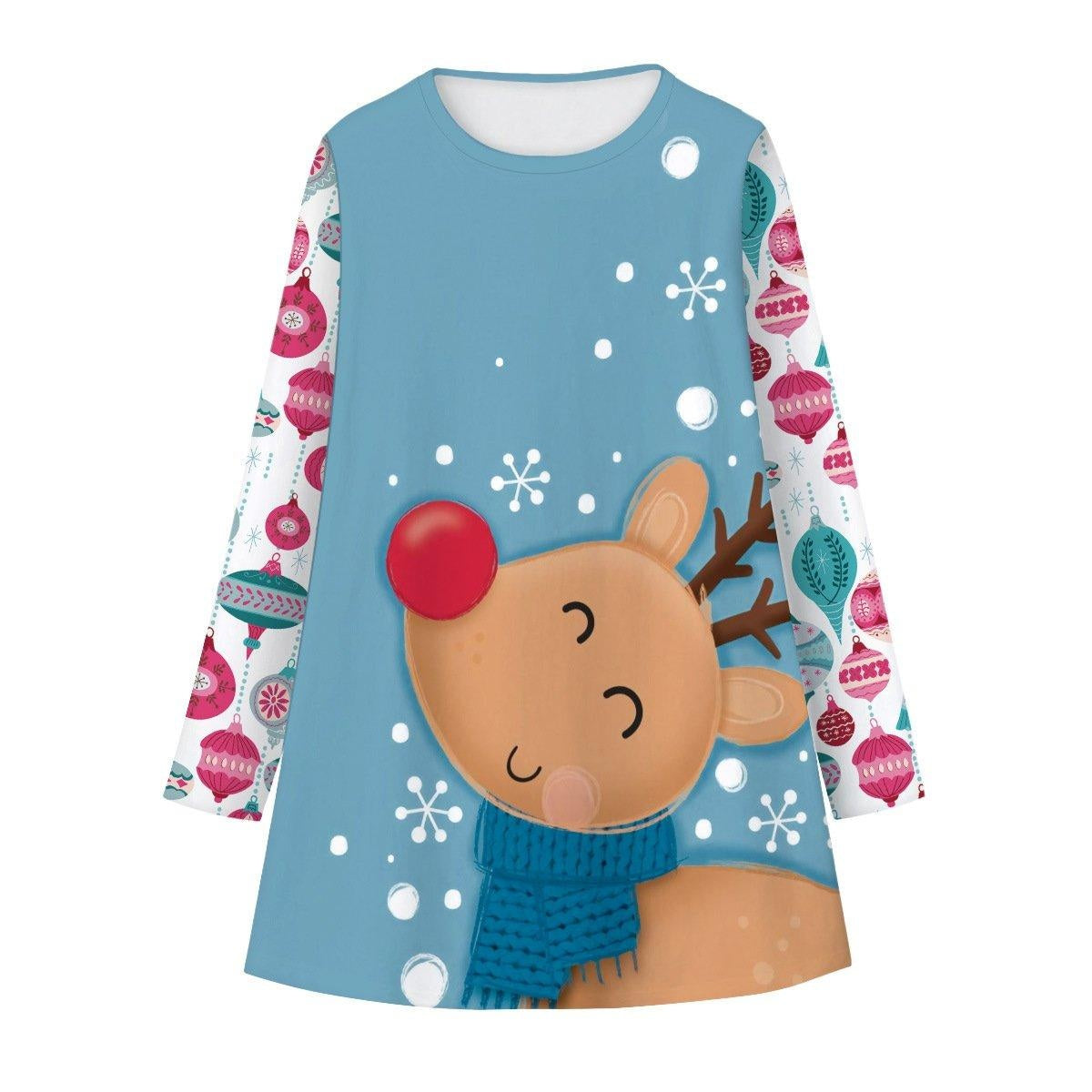 Girls Christmas Digital Cartoon Print A-Line Long T-shirt