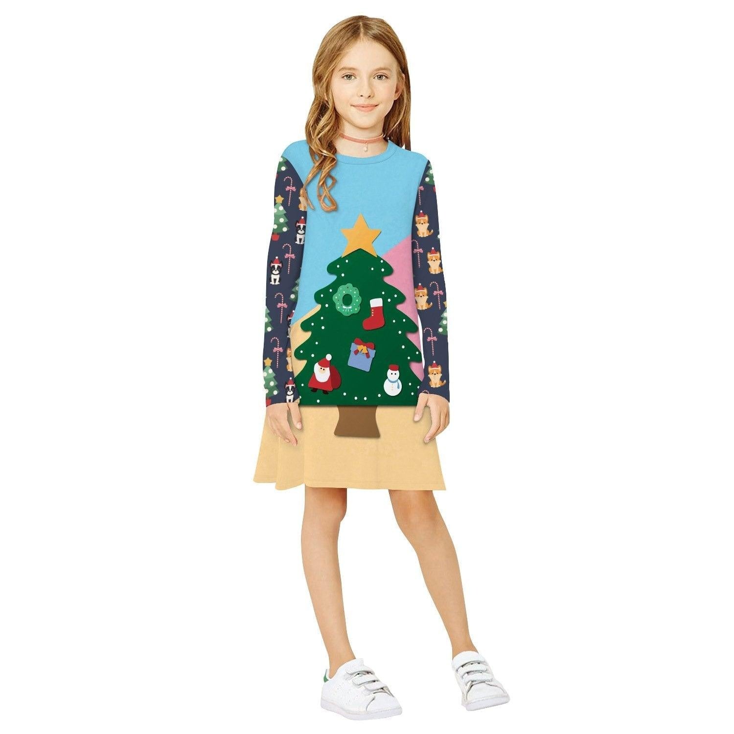 Girls Christmas Digital Cartoon Print A-Line Long T-shirt