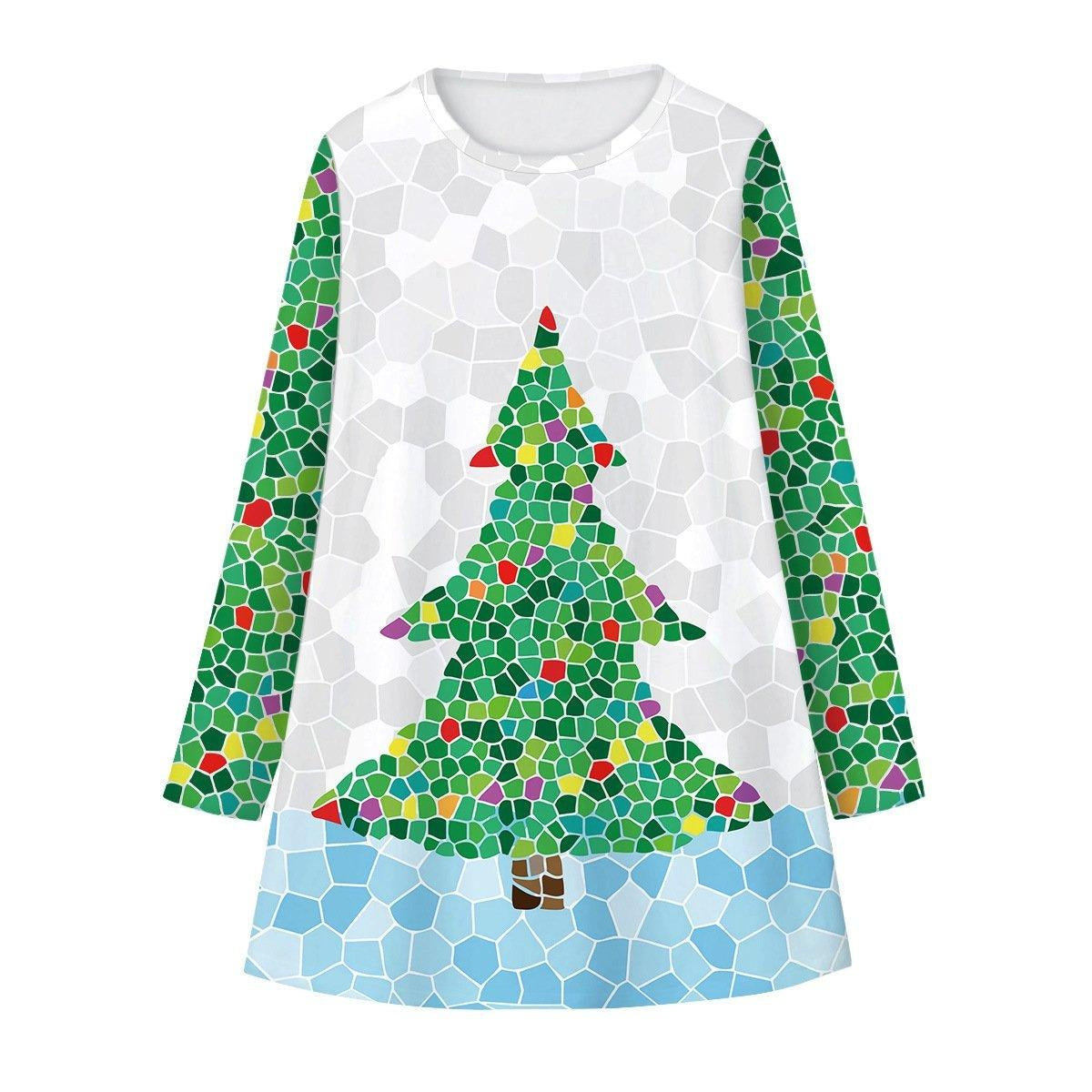 Girls Christmas Digital Cartoon Print A-Line Long T-shirt