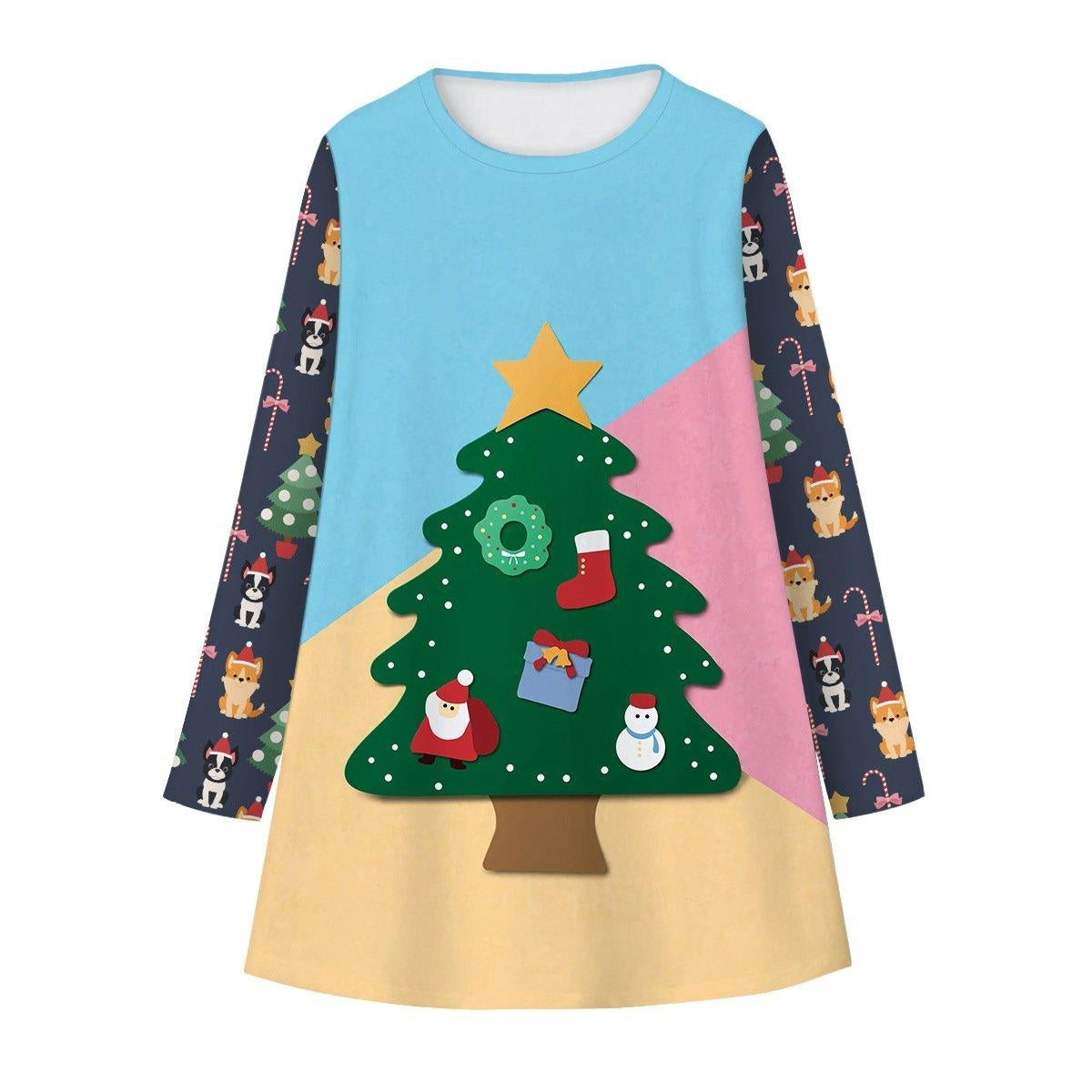 Girls Christmas Digital Cartoon Print A-Line Long T-shirt