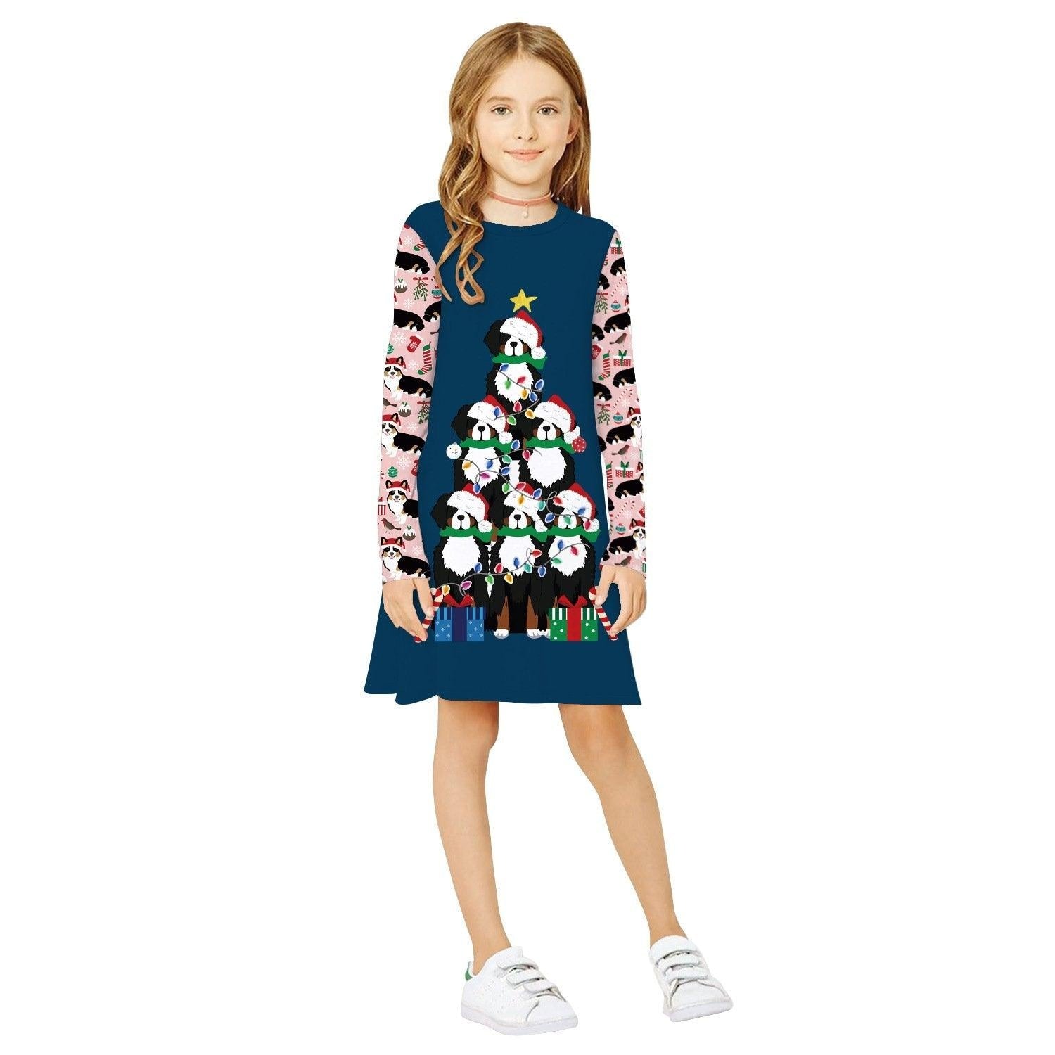 Girls Christmas Digital Cartoon Print A-Line Long T-shirt