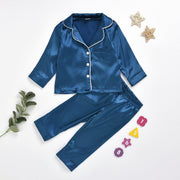 Kids Girl Boys Solid Silk Cardigan Long-sleeved 2 Pcs Set Pajamas - MomyMall Blue / 80cm：6-12months