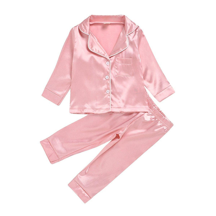 Kids Girl Boys Solid Silk Cardigan Long-sleeved 2 Pcs Set Pajamas - MomyMall
