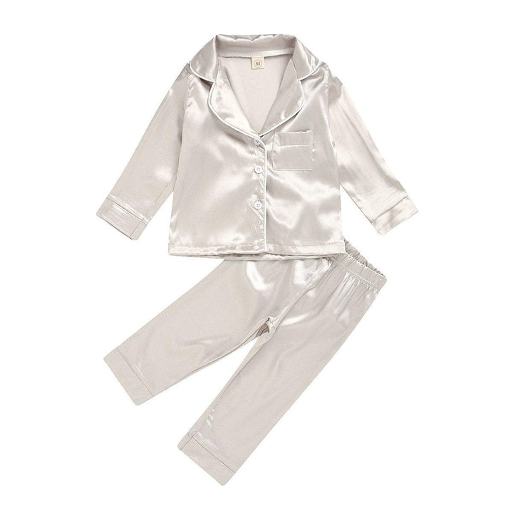Kids Girl Boys Solid Silk Cardigan Long-sleeved 2 Pcs Set Pajamas - MomyMall Silver / 80cm：6-12months
