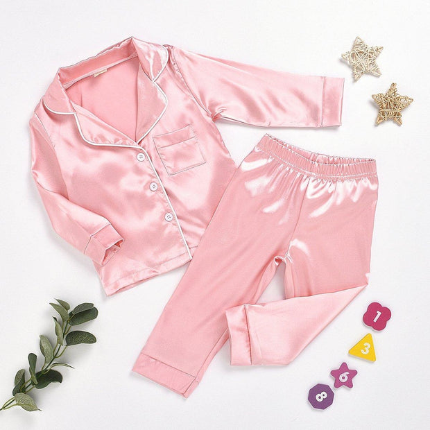 Kids Girl Boys Solid Silk Cardigan Long-sleeved 2 Pcs Set Pajamas - MomyMall