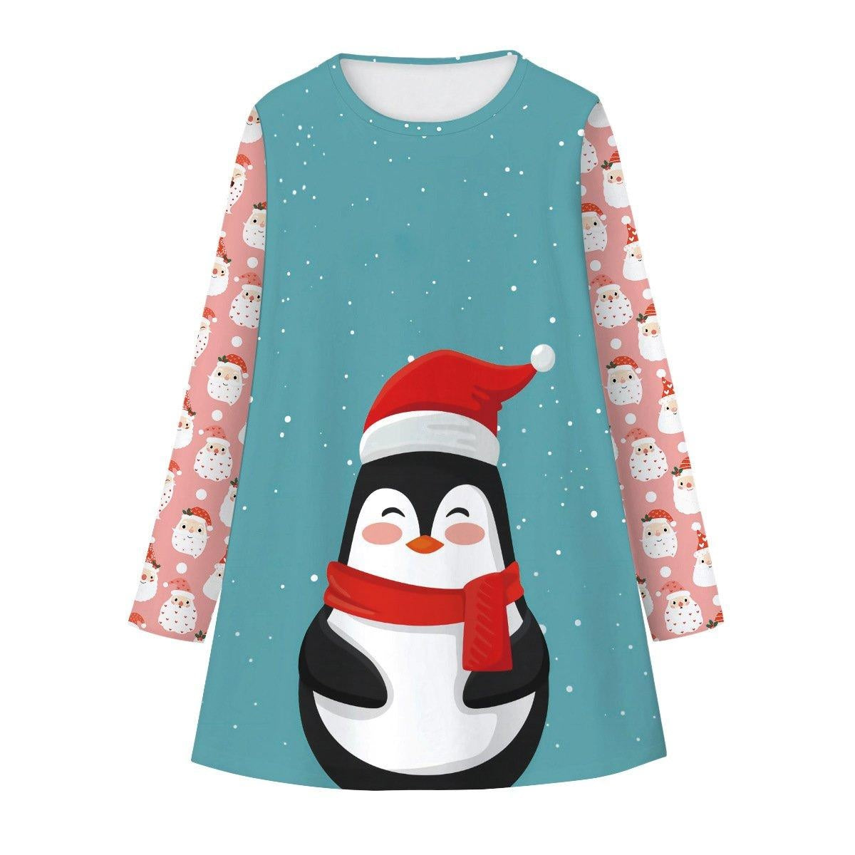 Girls Christmas Digital Cartoon Print A-Line Long T-shirt