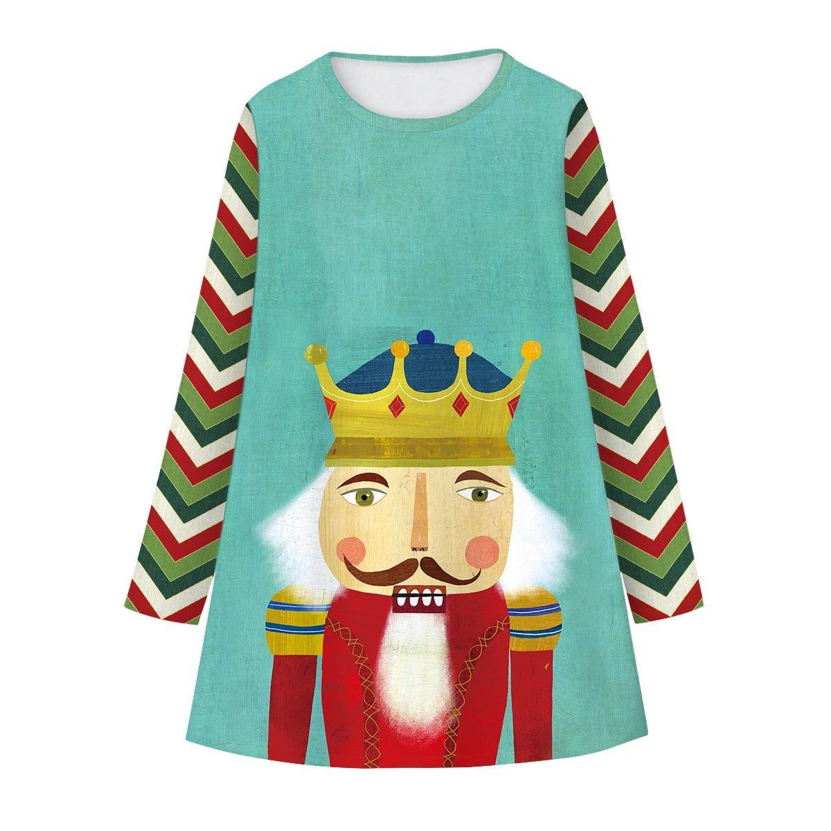 Girls Christmas Digital Cartoon Print A-Line Long T-shirt