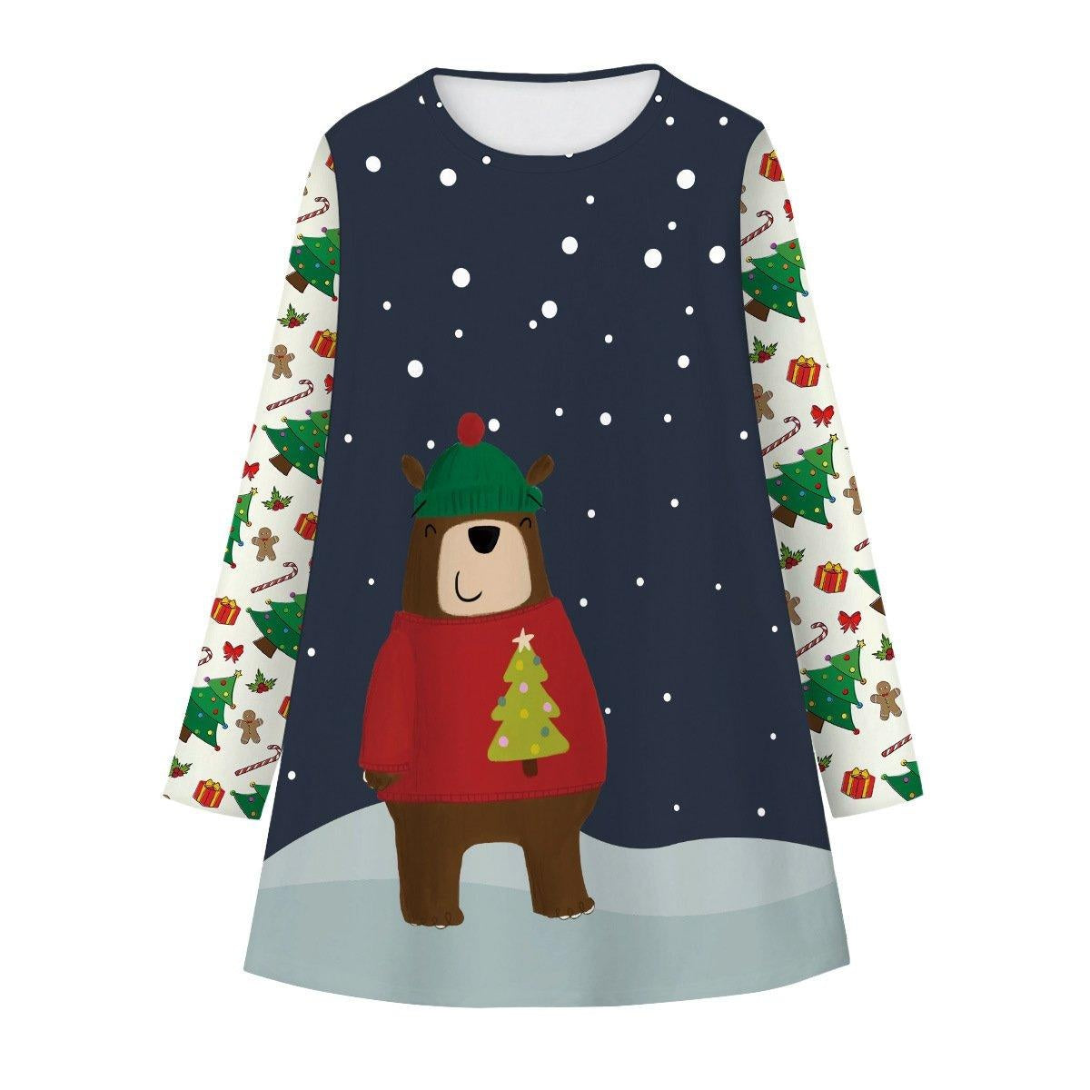 Girls Christmas Digital Cartoon Print A-Line Long T-shirt