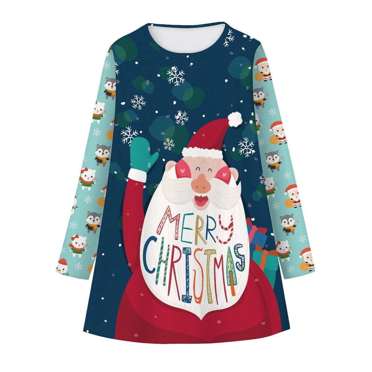 Girls Christmas Digital Cartoon Print A-Line Long T-shirt