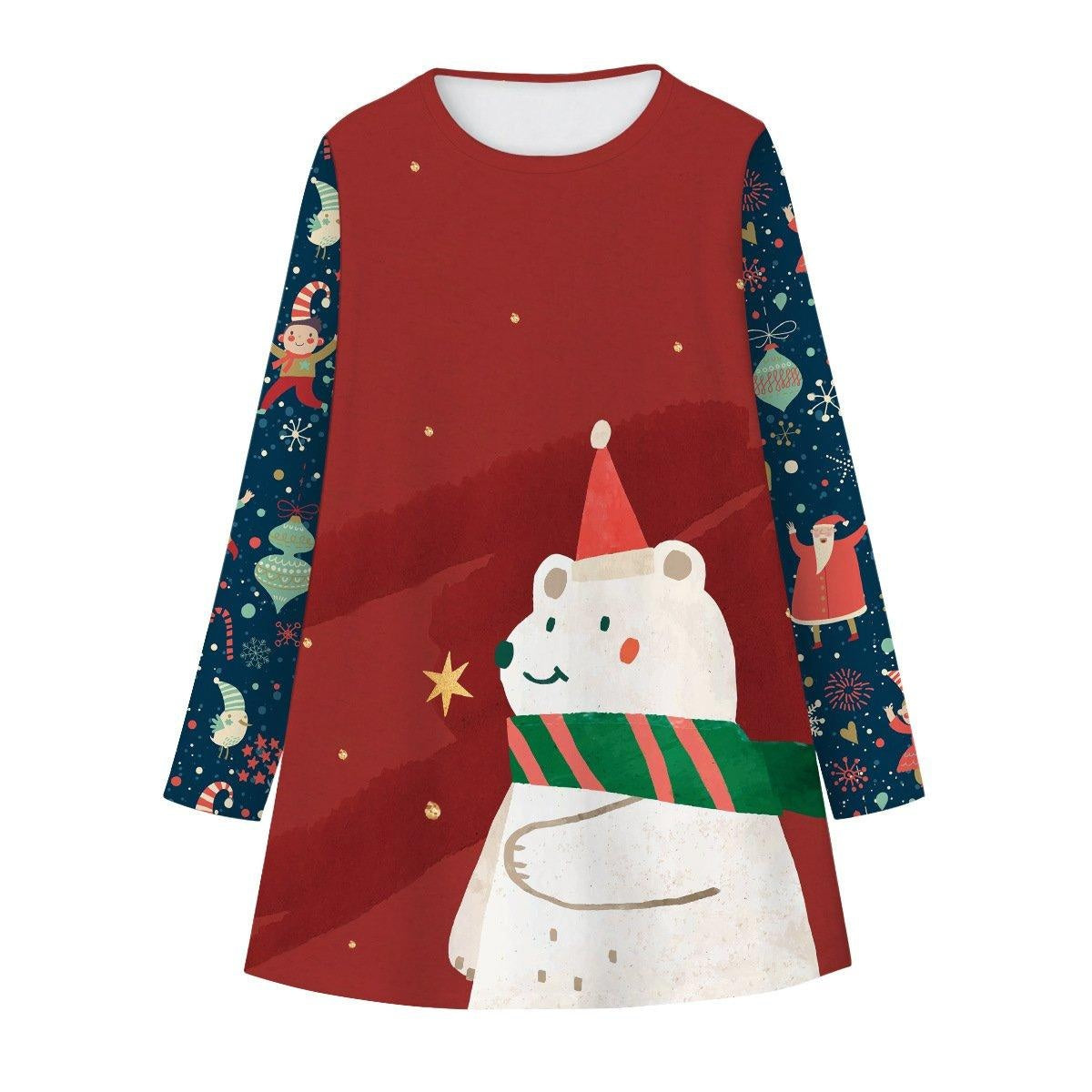 Girls Christmas Digital Cartoon Print A-Line Long T-shirt