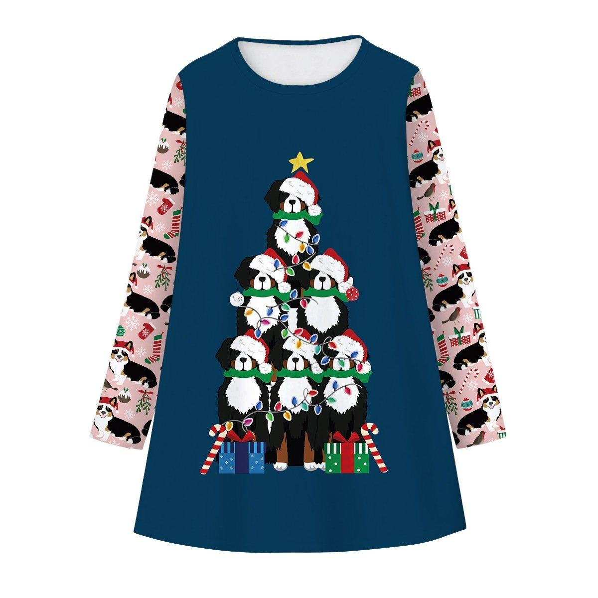 Girls Christmas Digital Cartoon Print A-Line Long T-shirt