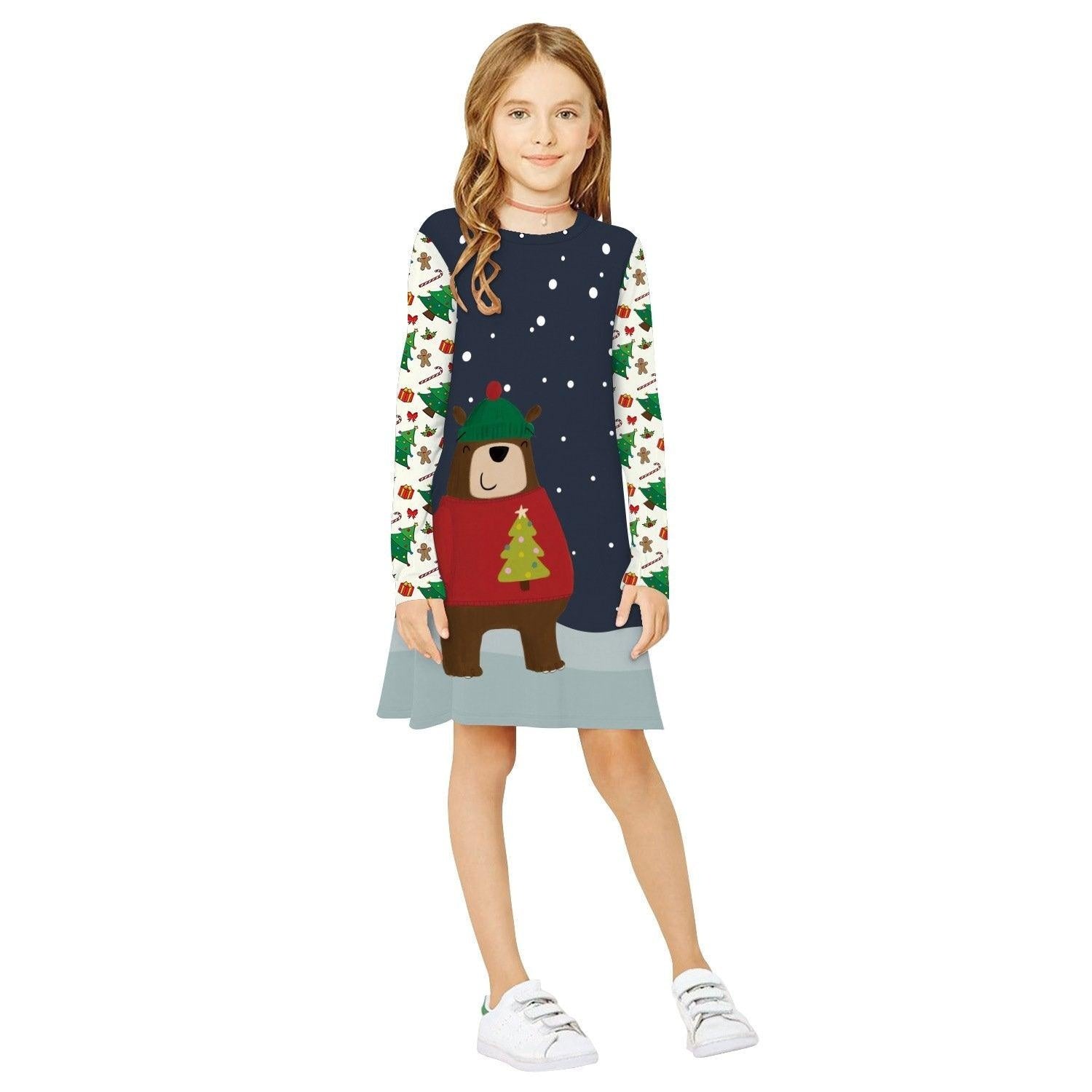 Girls Christmas Digital Cartoon Print A-Line Long T-shirt