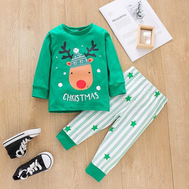Kids Popular Christmas Print Pullover Spring Striped Pajamas Set 2 Pcs - MomyMall green / 90cm:1-2years