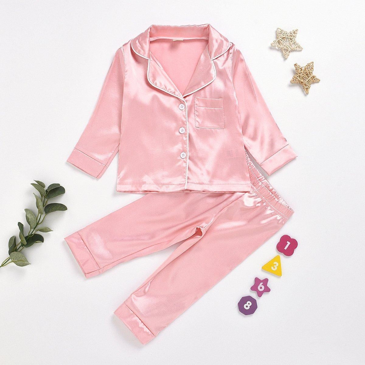 Kids Girl Boys Solid Silk Cardigan Long-sleeved 2 Pcs Set Pajamas - MomyMall Pink / 80cm：6-12months