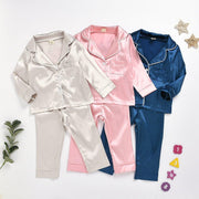 Kids Girl Boys Solid Silk Cardigan Long-sleeved 2 Pcs Set Pajamas - MomyMall