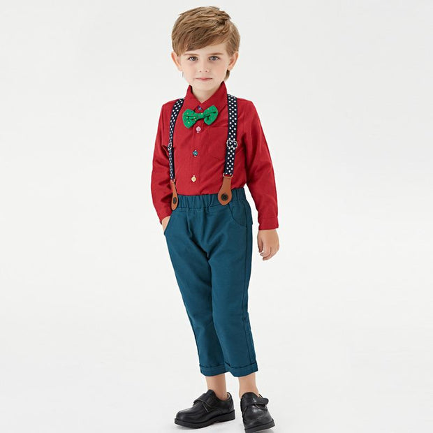 Kids Boy Christmas Multicolor Long-sleeved Bow Tie Bib Suit 3 Pcs