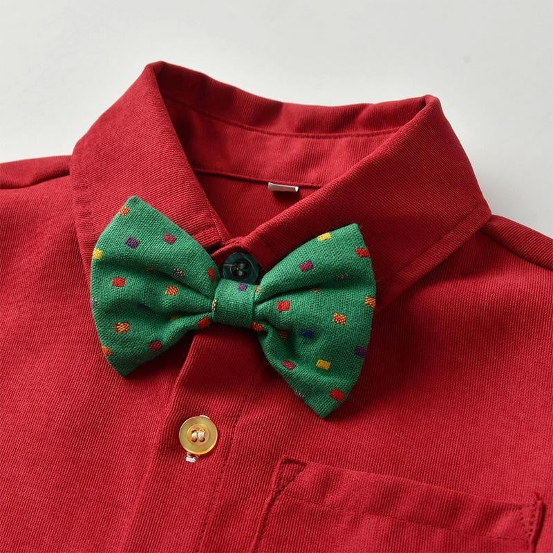 Kids Boy Christmas Multicolor Long-sleeved Bow Tie Bib Suit 3 Pcs