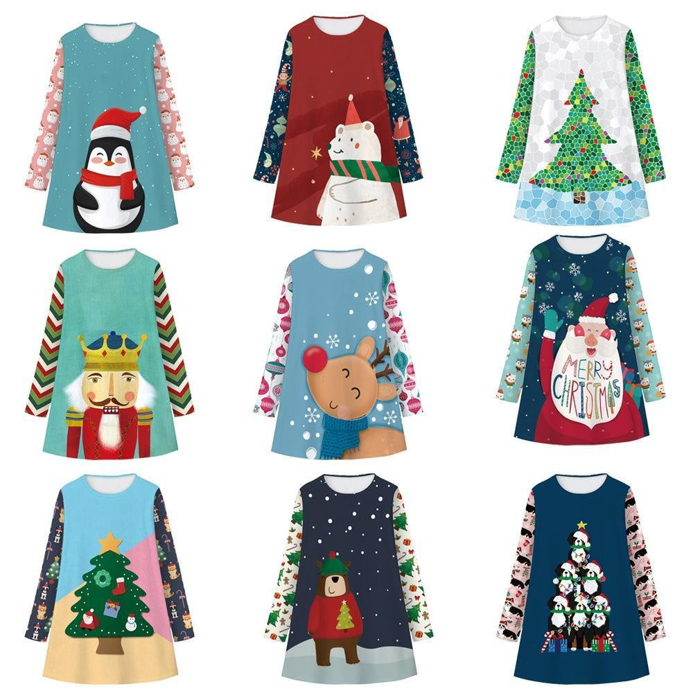 Girls Christmas Digital Cartoon Print A-Line Long T-shirt