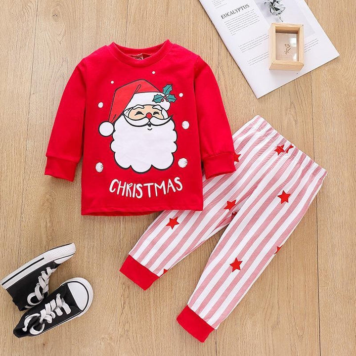 Kids Popular Christmas Print Pullover Spring Striped Pajamas Set 2 Pcs - MomyMall red / 90cm:1-2years