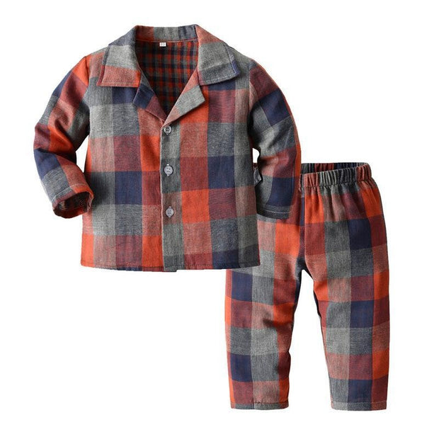 Boy Casual Multicolor Plaid Long-sleeved 2 Pcs Pajamas